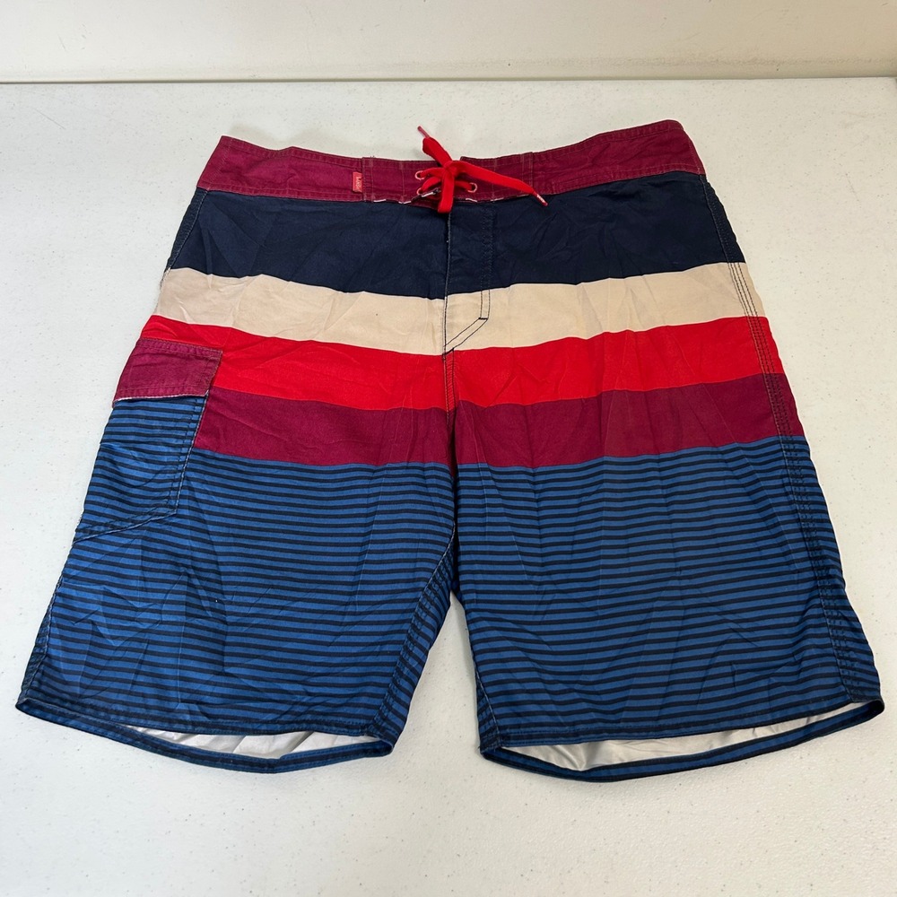 Vans Mens Size 34 Board Shorts Striped Colorblock Navy Red Lace Up Swim Trunks